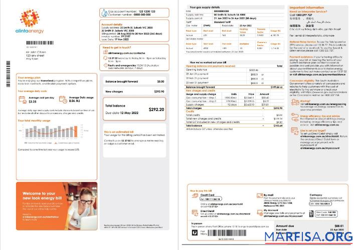 Downloadable Australia Alinta Energy gas utility bill template in Word and PDF format, 2 pages